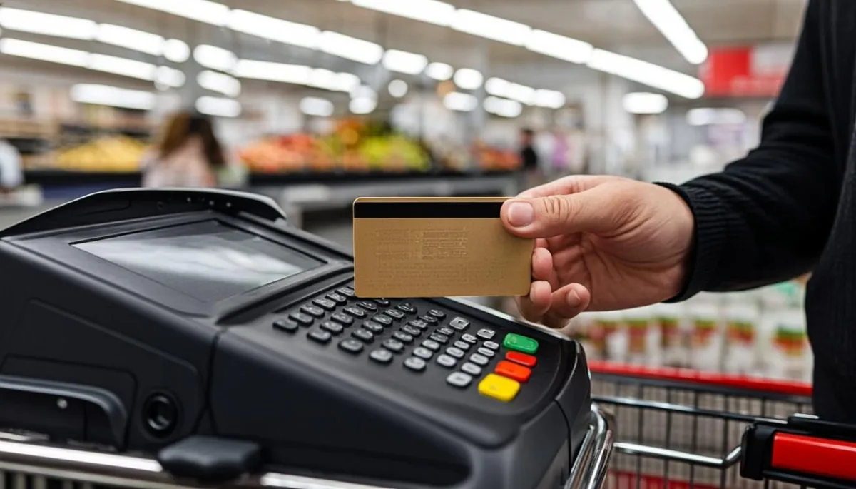 EBT card being swiped at a supermarket checkout