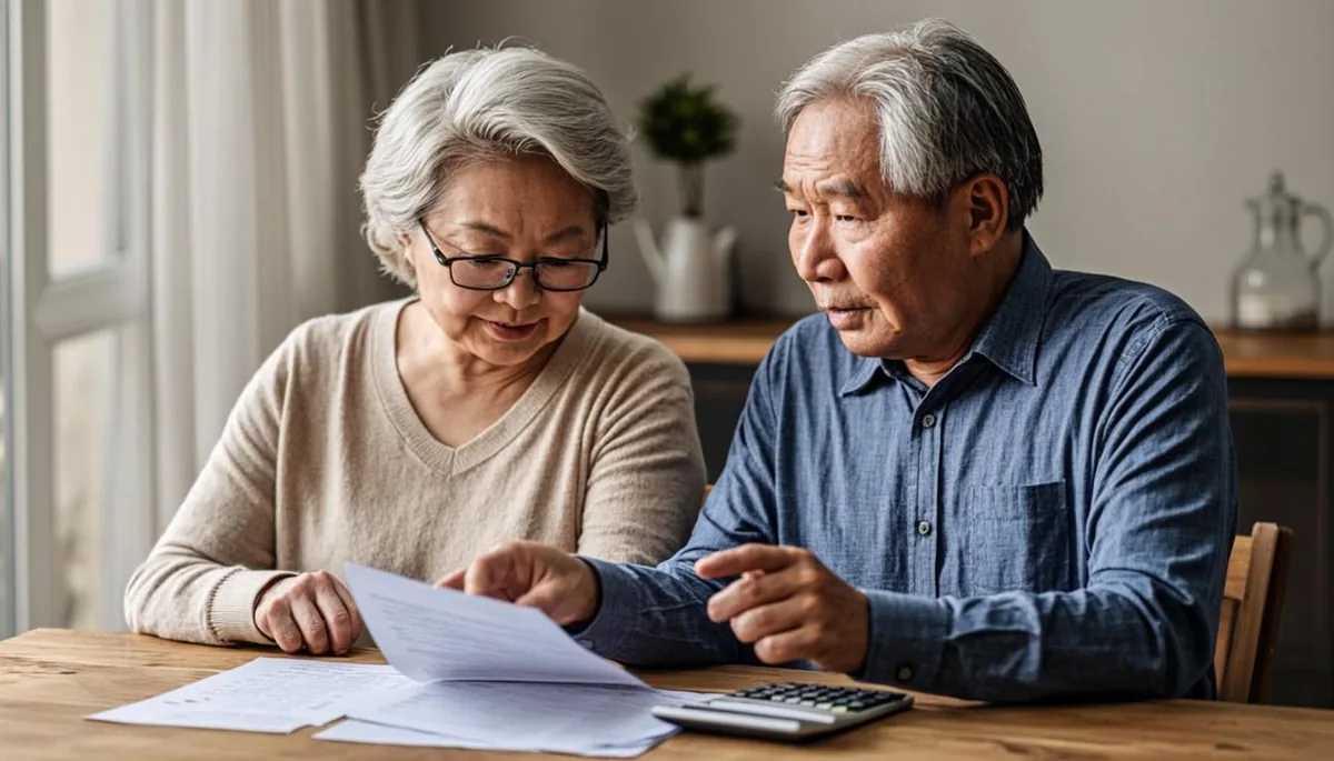 Elderly couple reviewing medical paperwork and a calculator together at their kitchen table