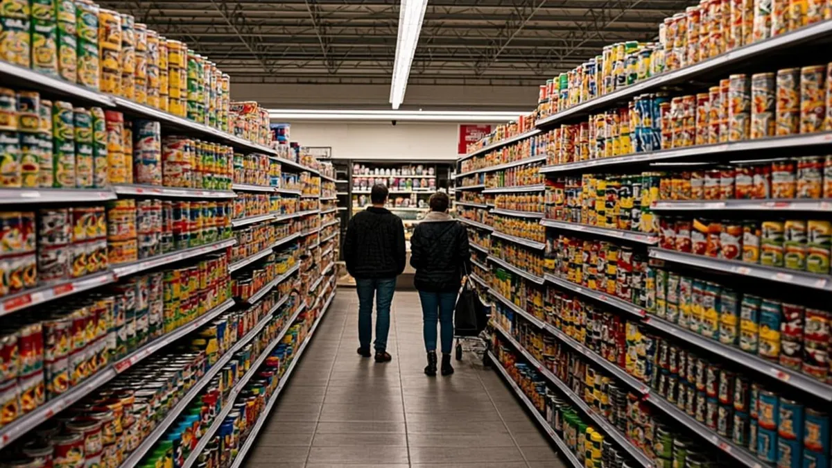 Wide grocery aisle stocked with food in a southern supermarket