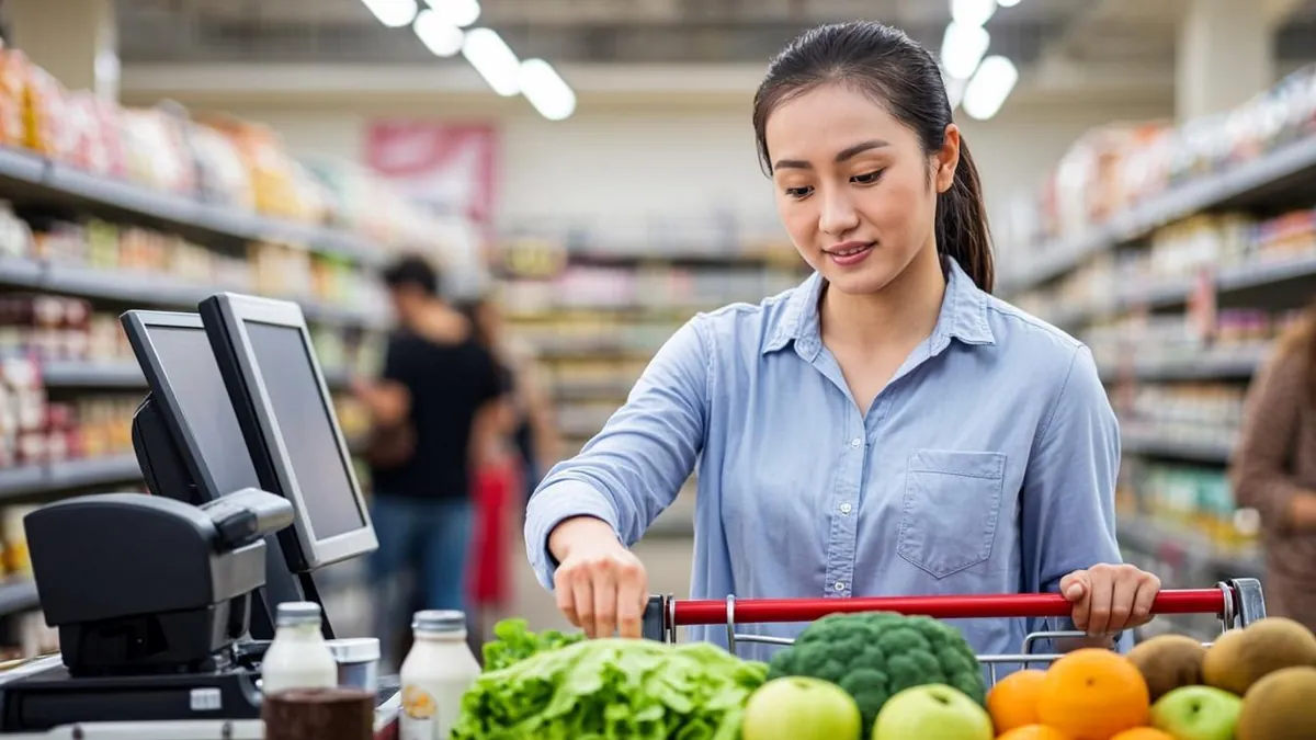 Cashier scanning groceries at a busy supermarket checkout counter