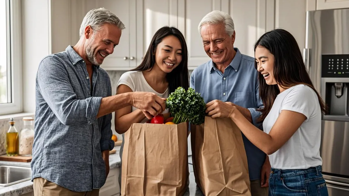 Family unpacking paper grocery bags on the kitchen counter at home