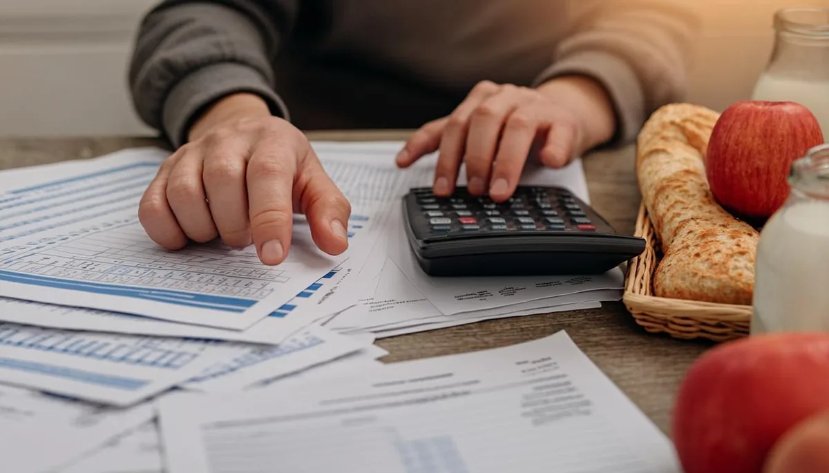 Hands doing household budget math with a calculator and bills