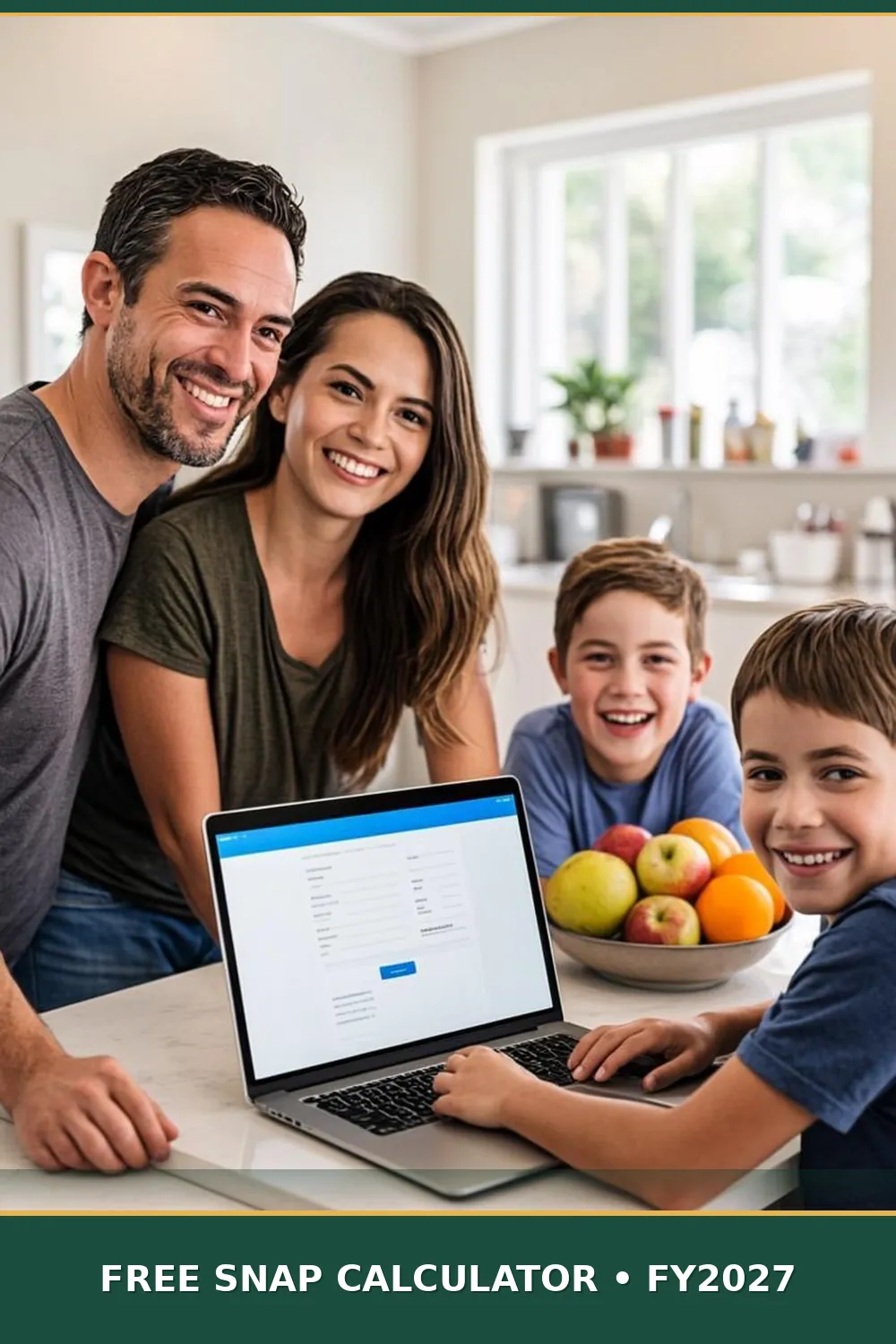 American family at their kitchen table using the free SNAP benefits calculator on a laptop to estimate their monthly food stamp amount for fiscal year 2027